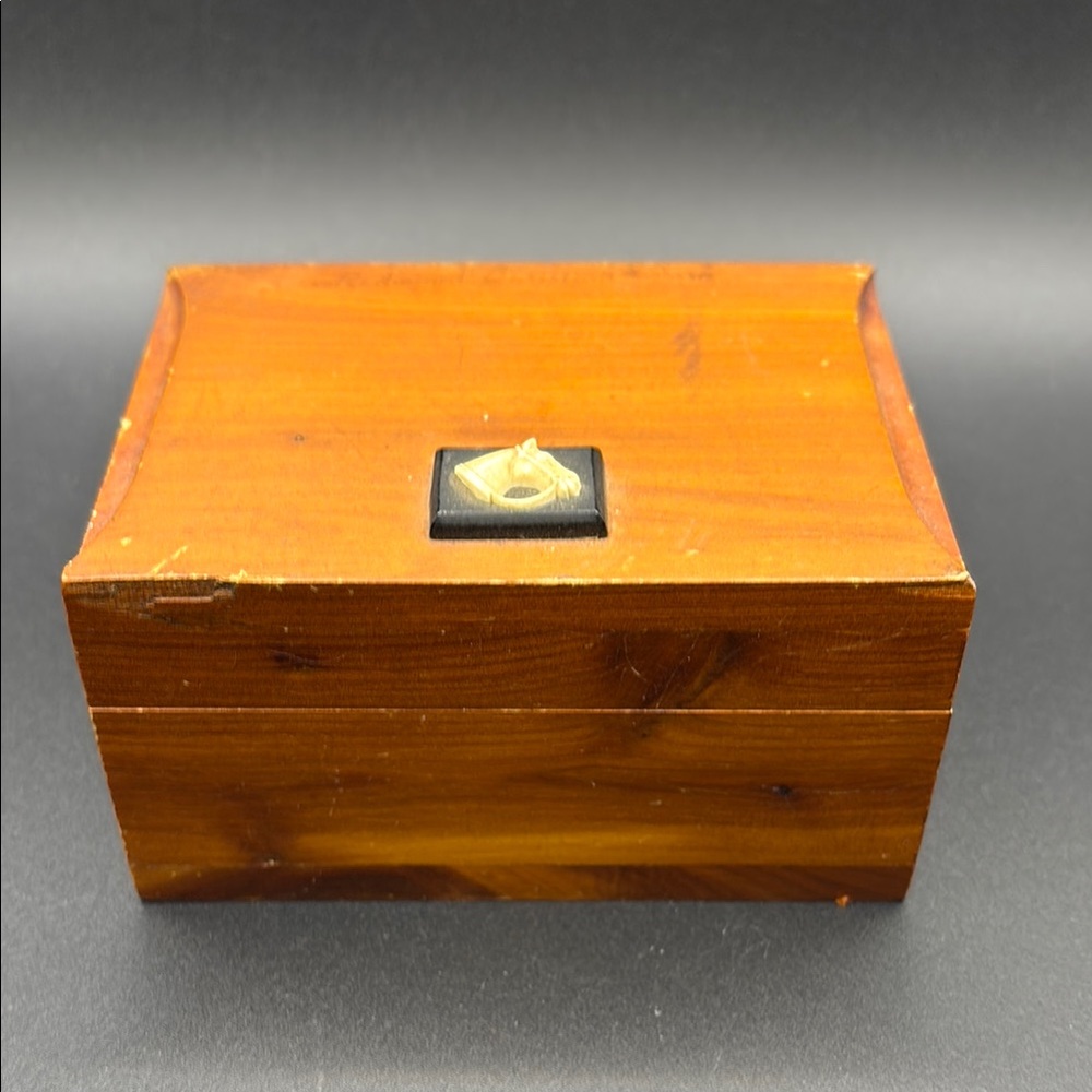Vintage Wooden Trinket Box with Inlaid  Horse Emblem